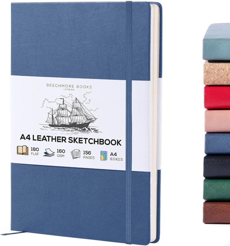 Beechmore Books دفتر رسم A4 – 8.5x11 جلد نباتي فاخر كبير مع 156 صفحة سميكة 160gsm بيج كريم مثقبة، دفتر رسم فارغ، مع علبة هدايا، جيب خلفي، علامة مرجعية من الشريط - Image 1